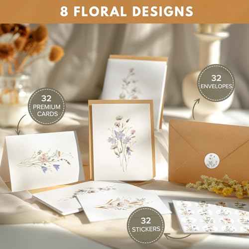 Blank Cards and Envelopes 32 Pack Blank Greet Cards, Beautiful Blank Note Card, Perfect Stationary Set For All Occasions, 8 Assorted Floral Designs, 4" x 6"