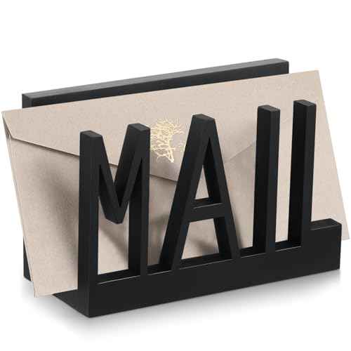 1 Slot Mail Holder Wooden Mail Organizer Black Countertop with Cutout Lettering Design for Office Desktop Envelope and Document Storage Rack(Mail)