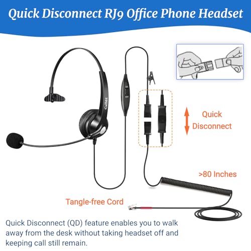 Callez Yealink Phone Headset with Quick Disconnect Cable, RJ9 Office Telephone Headset with Mic Noise Cancelling Compatible with Yealink T20P T21P T42S T46S T48S T54W Avaya 9608 9611 Grandstream Snom