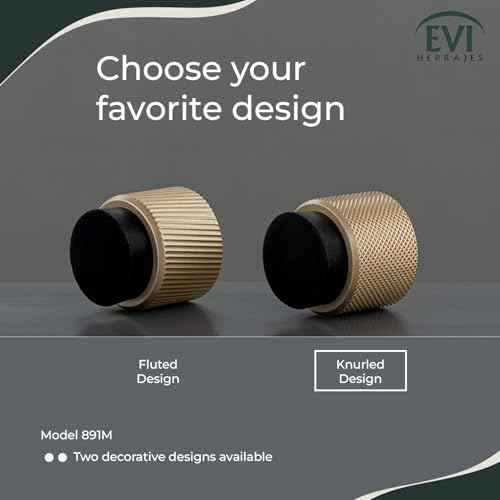 EVI Herrajes | Designer Wall Door Stop - Knurled Texture - 1.1" x 1.1" - Brass Matte Finish Black Rubber - Adhesive and Screw Fastening