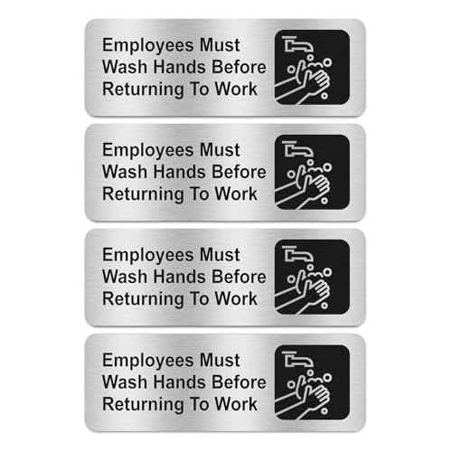Faittoo Employees Must Wash Hands Before Returning to Work Sign, (4 Pack) Rust Free Brushed Aluminum Sign with Symbols, Self-adhesive, for Restaurant, Salons, Hotel, Rest Stops, Public Restrooms