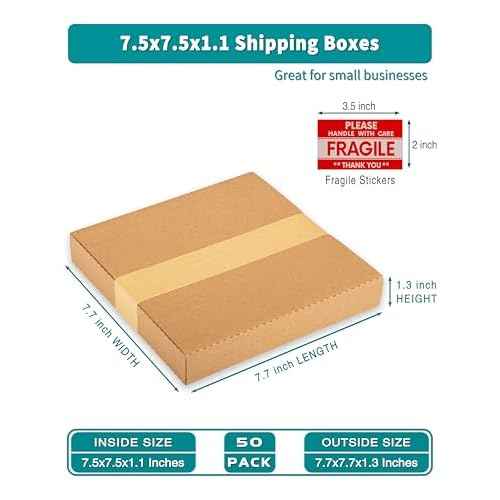 50 Pack 7" 45 RPM Vinyl Record Mailers, 7.5"L x 7.5"W x 1.1"H Kraft Corrugated Album Shipping Boxes for Small Business Packaging Mailing Moving Storage, with Fragile Stickers