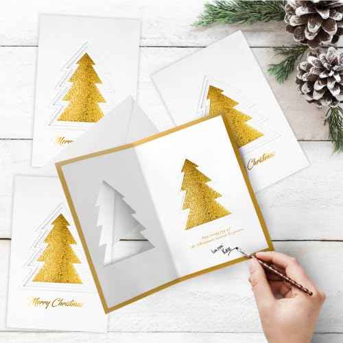 36 Christmas Greeting Cards with Gold Foiling Xmas & Embossing,3D die-cut Christmas tree featuring ,6.75 x 4.5 Inch Merry Christmas Cards with Seal Stickers For Friends, Family and loved Ones ( 1 Pack