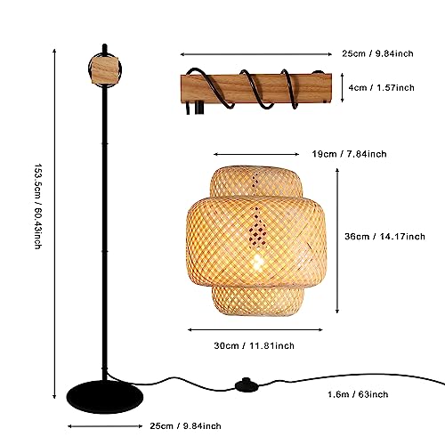 Bamboo Floor Lamp for Living Room, Boho Hand-Worked Woven Cake Lampshade Standing Lamp with Foot Switch, Industrial Black Tall Floor Light Decoration for Bedroom, Farmhouse