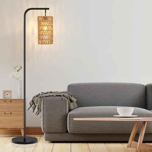 Boho Rattan Floor Lamp for Living Room - Rustic Hand-Made Wicker Farmhouse Standing Lamps with 3000K Soft Light, Foot Switch & Sturdy Base, Bedroom Office Corner Lamp for Reading Sleeping