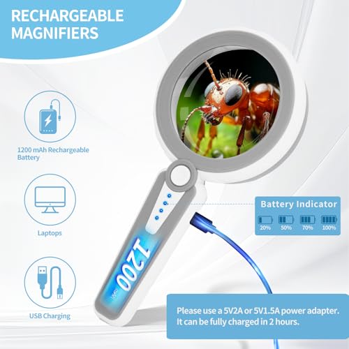 45X Magnifying Glass with Light, 4.6" Large Handheld Magnifier, 6 Color Modes, 1200mAh USB Rechargeable for Low Vision Seniors with Macular Degeneration, Reading, Jewelry, Coins - Grey