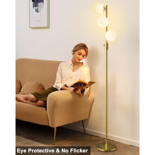 FAITHSAIL 3 Globe Mid Century Floor Lamp, Dimmable Modern Standing Lamp with PC Shade & 3pcs Warm White LED Bulbs, Gold Tall Tree Lamp for Living Room, Bedroom