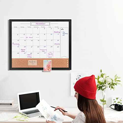 Dry Erase Calendar Whiteboard for Wall, Small Combination Magnetic Dry Erase White Board & Bulletin Board, 17.7" x 21.6" Black Wood Framed Blackboard/Calendar/Cork Combo Board(ZHYL-BK-4555