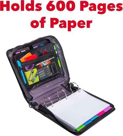 Case-it The Mighty Zip Tab Zipper Binder - 3 Inch O-Rings - 5 Color Tab Expanding File Folder - Multiple Pockets - 600 Sheet Capacity - Comes with Shoulder Strap - Black D-156-B (3Pack)