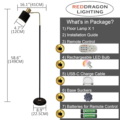 Modern Cordless Floor Lamp Battery Operated with Remote, Black Gold Rechargeable Minimalist Standing Battery Reading Floor Lamp with Metal Shade No Electric Wire for Living Room Bedroom (1 Pack)
