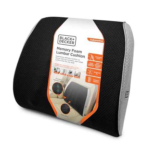 BLACK+DECKER Memory Foam Lumbar Support Pillow Lumbar Cushion with Multiple Massage Points for Office, Car, Wheelchair & Airplane Ergonomic, Pain Relief, Adjustable Strap, Washable Cover, Black/Grey
