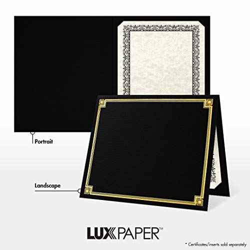 LUXPaper 9.5" x 12" Certificate Holders | Black Linen | Embossed Gold Foil Border | 100lb. Cover | 25 Qty