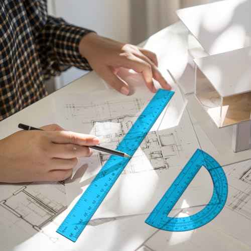 2 Packs 12 Inch Plastic Ruler and 6 Inch Plastic Protractor Set Clear Math Geometry Set Classroom Set Angle Detector School Supplies Classroom Ruler Home Office Drawings (Blue)