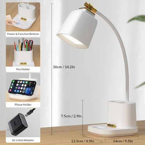 Desk Lamp with USB Charging Port & Pen Holder, LED Desk Light for Home Office, Touch Dimmable, Ideal for Study, Reading, and Work (White)