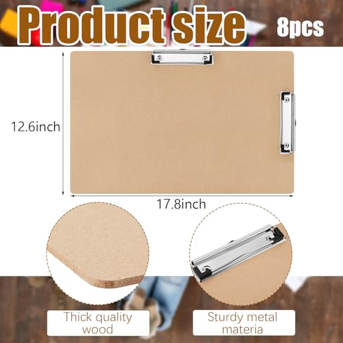Henoyso 8 Pcs 11x17 Clipboard Wooden Lap Board with Low Profile Clip Brown Double Landscape Clip Hardboard Drawing Board Landscape Horizontal Large Clipboard for Desk Paper Sketching Art Supplies