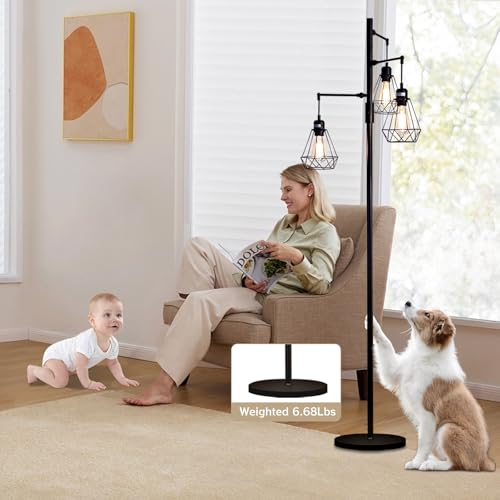 JuGuo 69" Industrial Tree Floor Lamp with Stepless Dimming - Adjustable Cage Shades & weighted Base, Vintage Dimmable Standing Light for Living Room/Office, 3x Edison Bulbs Included (Farmhouse Rustic)