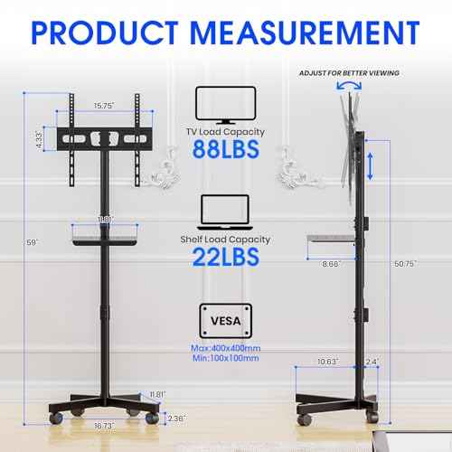 Mobile TV Stand for 23-60 Inch LCD LED OLED Flat Panel Curved Screen TVs up to 88 lbs, Tilt and Height Adjustable, Locking Rolling Wheels TV Cart with Shelf, Max VESA 400x400mm, Black