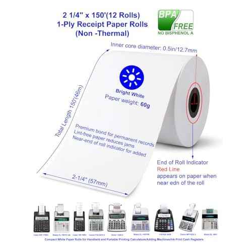 (12 Rolls)2 1/4 in x 150 ft Adding Machine Tape Paper Rolls, for HR-10RC, HR-170RC, HR-200RC, EL-1197PIII, EL-1801V, P23-DHV-3, CP-90A, MP11DX-2, 1280-2,3000Labels Direct