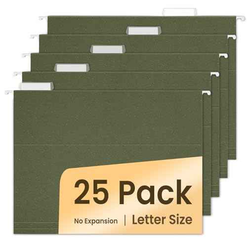 SUNEE Hanging File Folders, 25 Pack Reinforced Hang Folders Letter Size, Adjustable 1/5-Cut Tabs, Designed for Bulky Files, Filing Cabinet, Standard Green