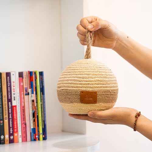 PEMAR Natural Wicker Door Stopper with Handle, Rustic Farmhouse Decorative Door Stop, Heavy Indoor Doorstop, Nautical Blocker Jammer 6.3''D Sphere Ball Shape (Jute)