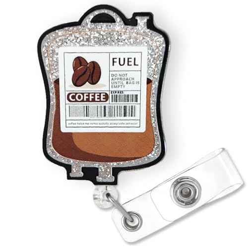 Funny Coffee Fuel Glitter Badge Reel Retractable for Nurse Nursing RN CNA LPN Medical Worker & Office Staff | Cute Nurse Gifts, Coffee IV Bag Badge Holder with Alligator Clip & 24¡± Durable Nylon Cord