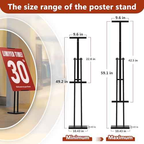 Heavy Duty Sign Stand, Floor Poster Board Stand, Adjustable Metal Sign Holder Height Up to 60 Inches and 180¡Æ Rotation Display Standing Pedestal for Board & Foam (Black-1PC)