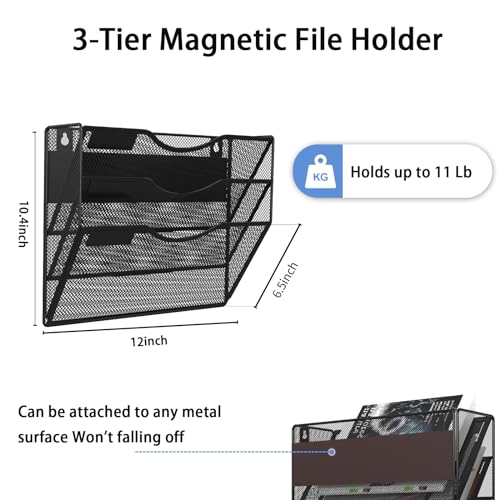 LQPAFZ 3-Tier Black Magnetic File Holder - No Drilling Wall Organizer for Documents & Magazines