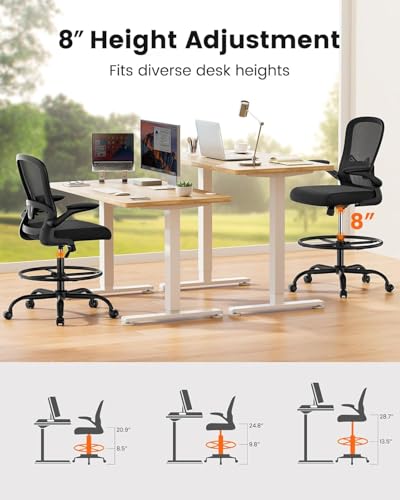 ErGear Drafting Chair Black with Footrest, Flip-Up Arms & Ergonomic Support