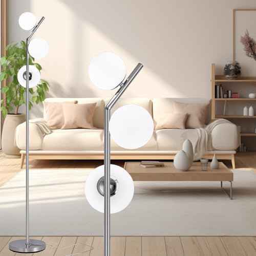 Modern Floor Lamp, LED Standing Tall Pole Lamp with Glass Shade, Elegant Mid Century Modern Floor Lamps for Living Room,Bedroom,Office,3 Lights (Bulbs Included)