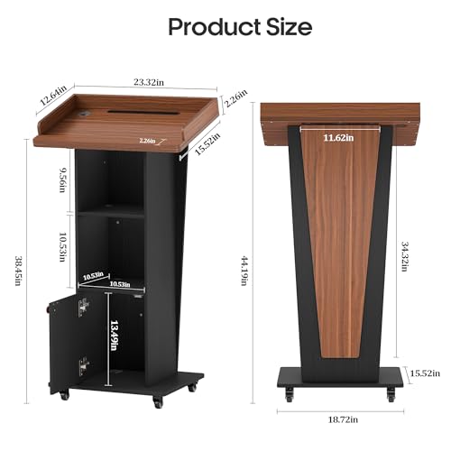 Baoz 15° Tilted Podium Stand with Cabinet & Lockable Wheels (Black-Brown) - Portable Lecture Presentations