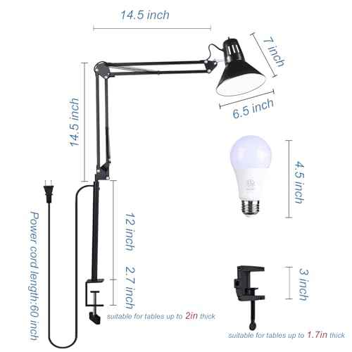 Swing Arm Desk Lamp for Home Office 360¡ÆAdjustable,Tall Metal Clamp on lamp with Bulb,Eye-Caring Clip on Desk Light for Computer Work Study Reading and Drafting