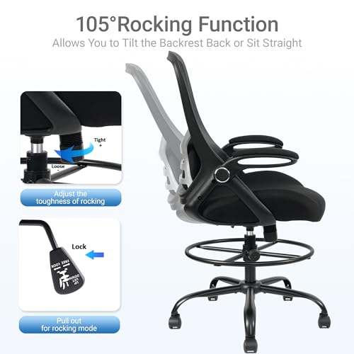 HYLONE 400lbs Big & Tall Drafting Chair Black – 5" Thick Seat, 44-52" Height, Flip-Up Armrests, Lumbar Support, Adjustable Footrest, 28" Base