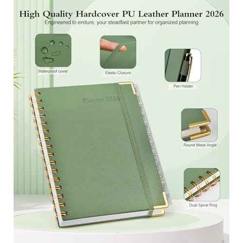 2026 Planner, Hardcover Leather Weekly and Monthly Planner, January 2026 - December 2026, Spiral Yearly Agenda Organizer Book 2026 with Tabs, Daily Calendar Planners for School Work Home, A5 (5.75" x 8.38"), Green