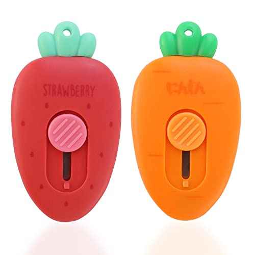 2 Pack Mini Creative Carrot an Strawberry Shaped Art & Craft Cutter Retractable Box Letter Opener Portable Utility Knives Office School Stationery for Cutting Envelope Paper Cardboard