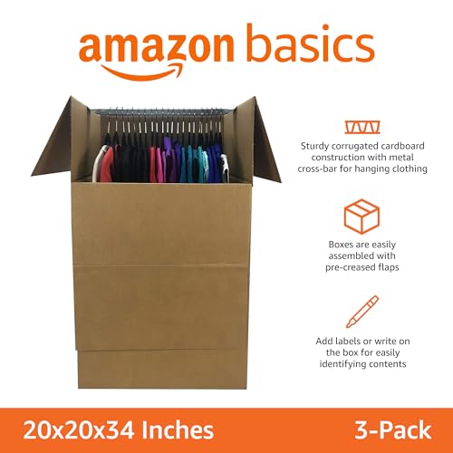 Brown 20x20x34 inch Wardrobe Moving Boxes with Hanger Bar - 3 Pack