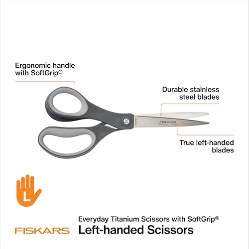 Fiskars 8¡± Left-Handed Titanium Scissors, SoftGrip Handle for Comfort, Durable Stainless Steel Blades for Home and Office Use