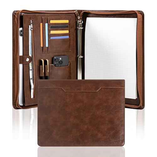 Professional 3-Ring Portfolio Organizer A4 Padfolio with Zipper, Premium PU Leather Business Planner Folder for Resume, Interview, Office, and Travel ? Dark Brown
