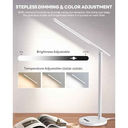 Upgraded LED Desk Lamp with Wireless Charger, Stepless Dimmable Foldable Table Lamp for Home Bedroom Office Sturdy Room, 3 Color Temperatures, Memory Function