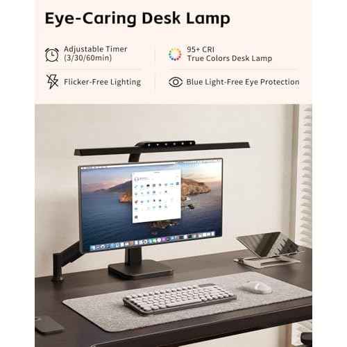LED Desk Lamp for Home Office with Base, Dimmable Eye-Caring Computer Light with Memory & Timer Functions, Flexible Gooseneck Touch Control Architect Desk Light for Reading, Study, Workbench (Black)