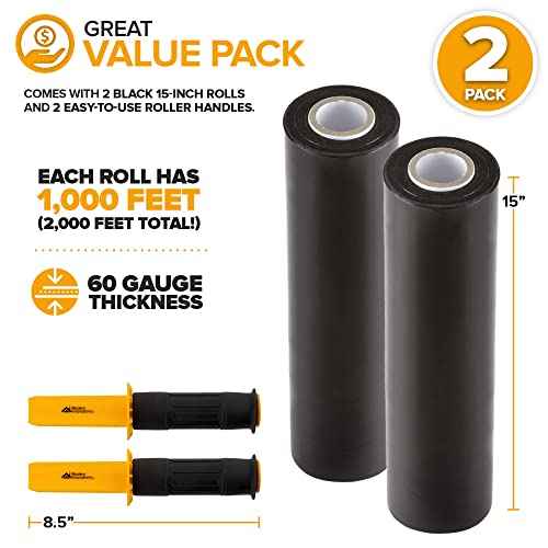 Modern Innovations 15 Inch Black Stretch Wrap Roll with Handles (2 Rolls-2000 Feet) Heavy Duty Shrink Wrap for Moving, Packing Supplies for Wrapping Furniture, Industrial Plastic Pallet Cling
