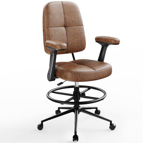 Marsail Oversized Ergonomic Drafting Chair for Standing Desk with 3.5" Cushion, Flip-Up Arms, Foot Ring, Leather-Linish Comfort Brown