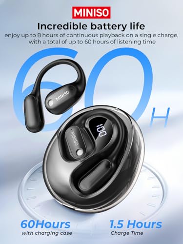 MINISO Black Language Translator Earbuds, Real-Time AI Translation, 135 Languages, Bluetooth 6.0, 60H Playtime, Open-Ear Headphones for Business