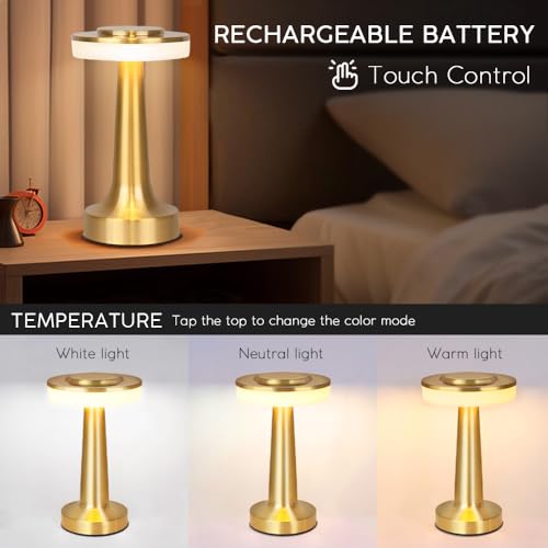 JHPGEOE Champagne Gold Cordless Metal Desk Lamp with Touch Control & Dimmable LED