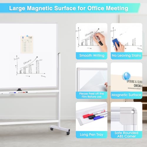 Maxtek Silver Double-Sided Magnetic Rolling Whiteboard 72 x 48 in, 48" Wide x 72" High