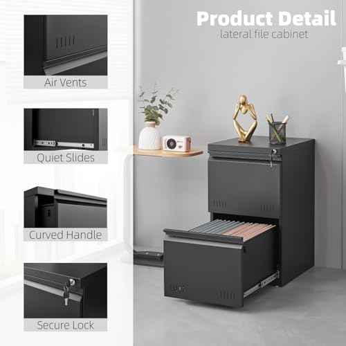 2 Drawer File Cabinet with Lock, Vertical File Cabinets for Home Office, Printer Stand, Heavy Duty Steel Office Storage Cabinet for Letter/Legal/A4, Assembly Required(Black)