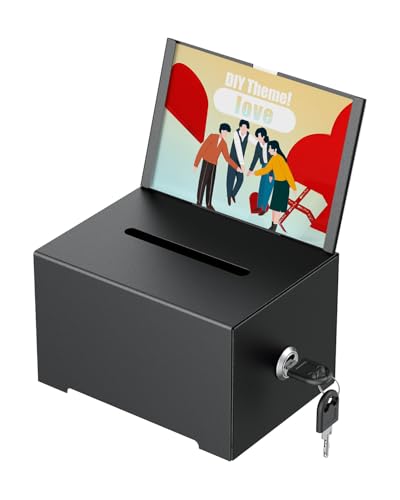Uniclife 6.4x4.7x4 Black Metal Donation Box with Lock & Removable Sign - 1 Pack