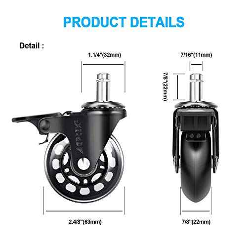 AGPtEK Office Chair Casters with Brake Heavy Duty 2.5" Universal Fit Locking Casters with Screwdriver, Safe Roller Wheel Replacement All with Brake System for Hardwood Floors Mat Carpet Tile, Set of 5