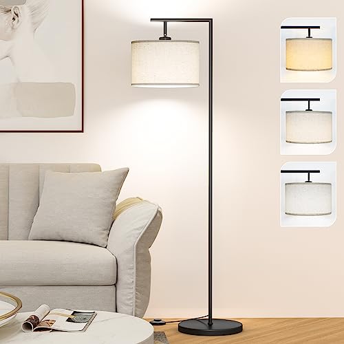 Floor Lamp for Living Room with 3 Color Temperatures Standing Lamp with Adjustable Beige Linen Lampshade Tall Lamps for Bedroom Office Classroom Dorm Room, 9W LED Bulb Included, Black