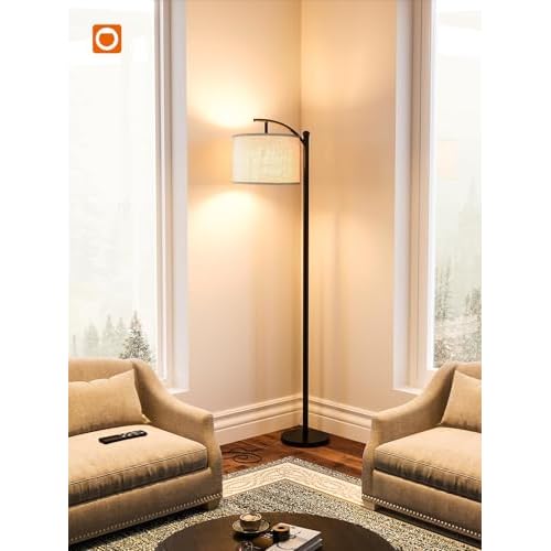 addlon Floor Lamp for Living Room with Remote, Dimmable Standing lamp with Linen lampshade for Bedroom, Office, Lamps with 9W LED Bulb Included - Black with Beige Lampshade