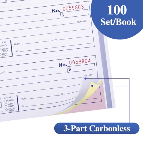 2 Pack Receipt Books with Carbon Copies, 3-Part Carbonless – 100 Sets/Book
